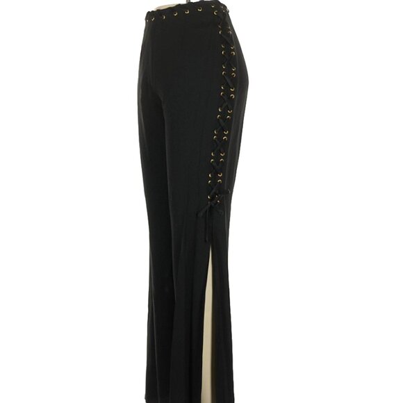 Moschino Cheap and Chic Side Slit Lace Up Pants Black Gold Vintage USA 4 6 8 S - Picture 1 of 16